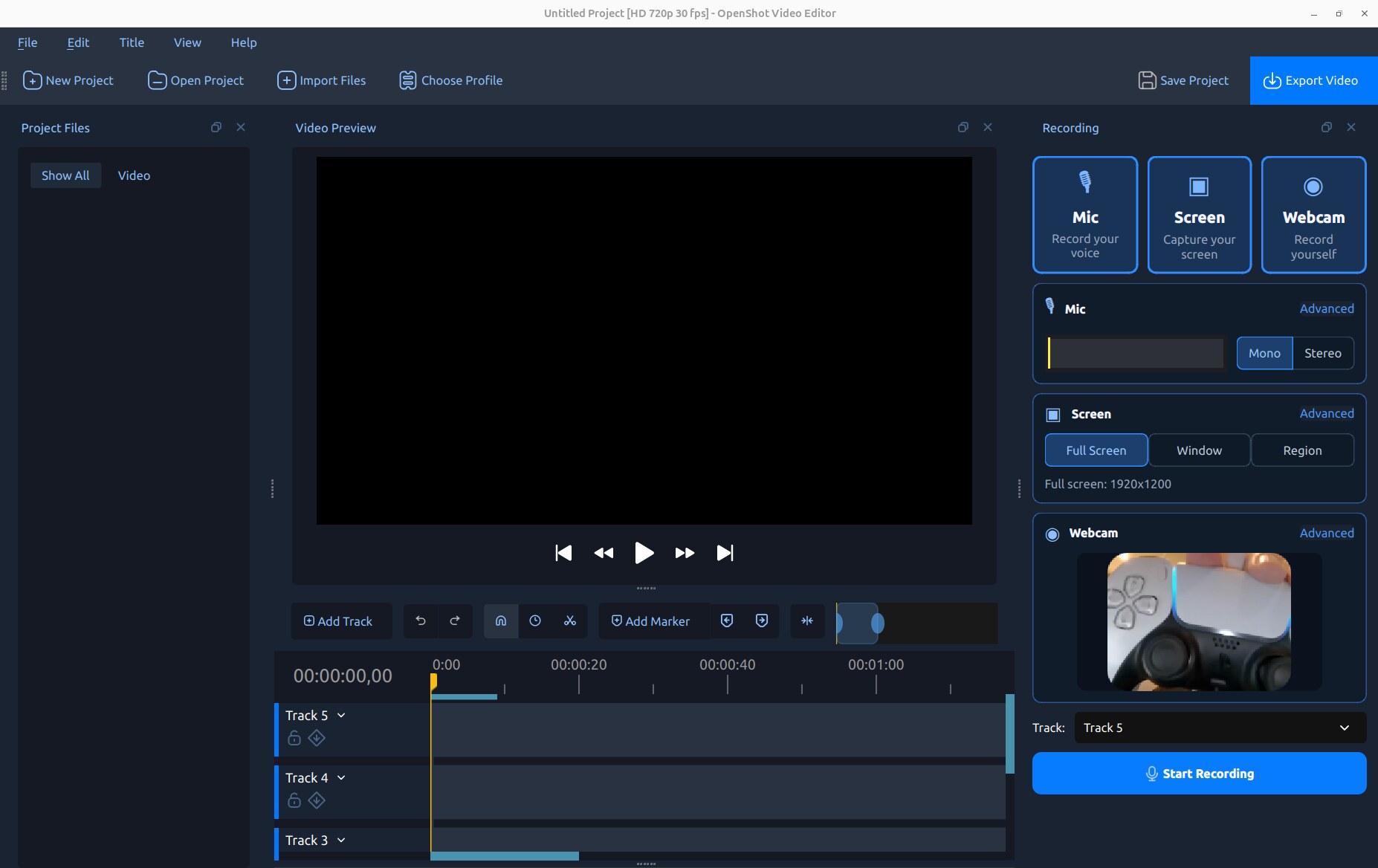 OpenShot Recording View with microphone, screen, and webcam sources selected