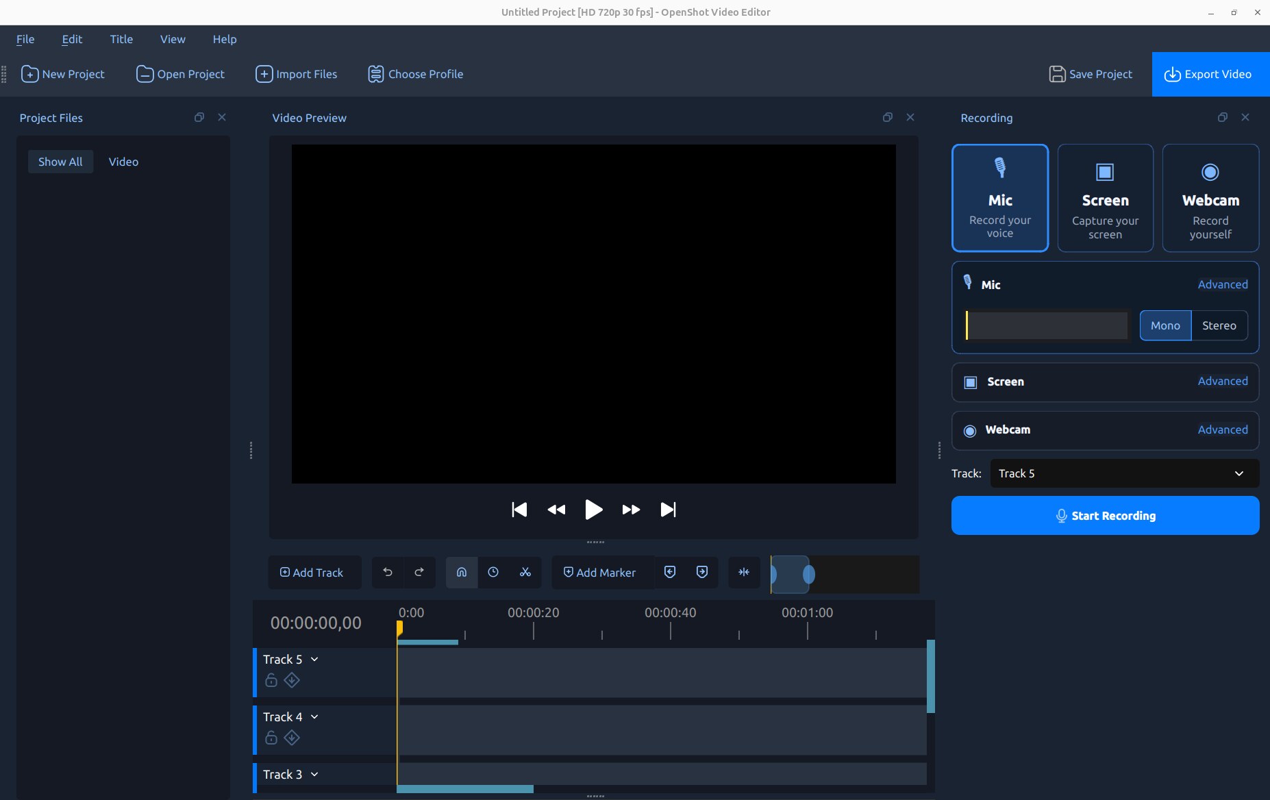 OpenShot Recording View with the microphone source selected by default